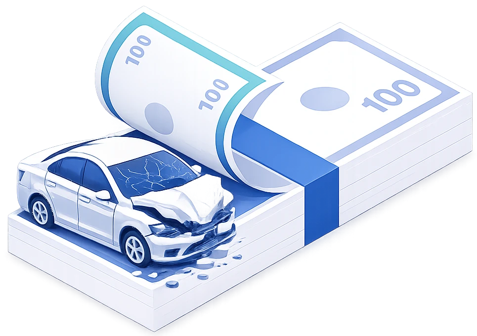 Damaged car on a stack of cash